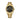 Gold wristwatch with black dial on a white background